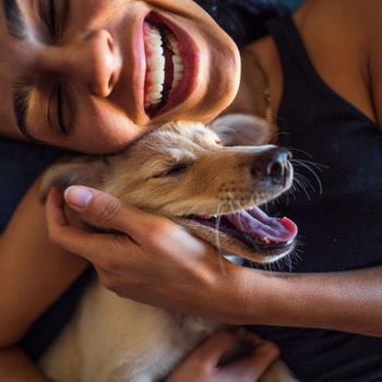 A woman smiles widely, cuddling with a small, sleepy dog in a cozy indoor setting.