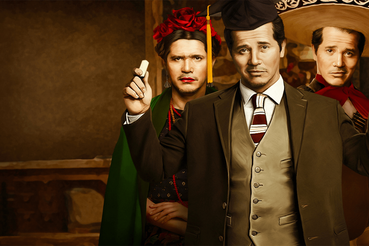Three individuals pose, each in distinctive attire: a teacher holding a piece of chalk, a person with red flowers, and a mariachi in a sombrero.
