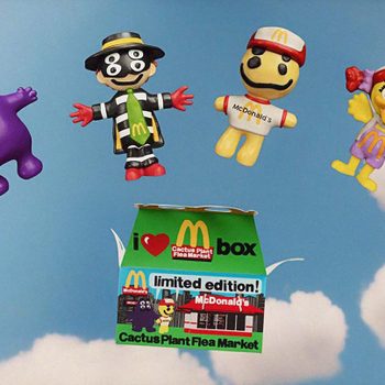 Four cartoon figures float above a green box against a cloudy sky. Text: "i â™¥ï¸ Cactus Plant Flea Market box, limited edition!"