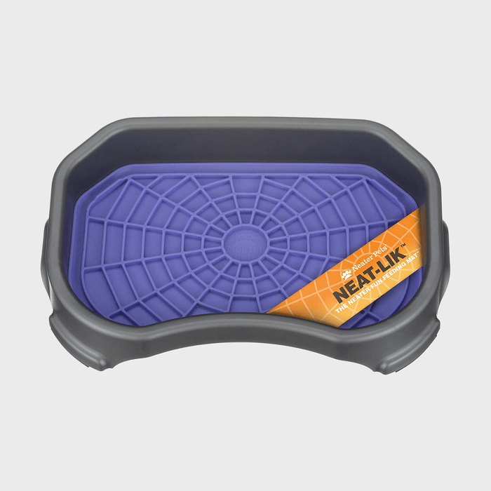 Purple textured mat in a gray tray; the label reads, 
