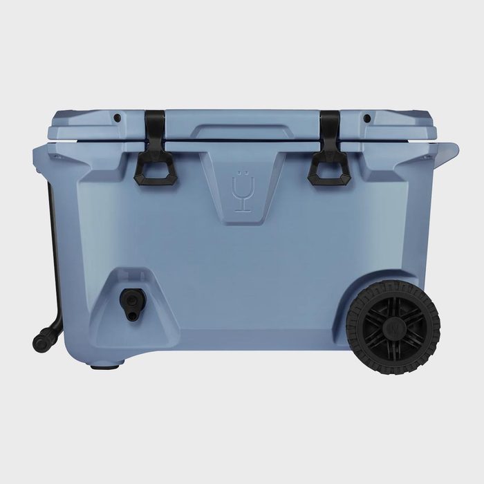 Cooler, stationary, on wheels with latches and a spout, set against a plain gray background.