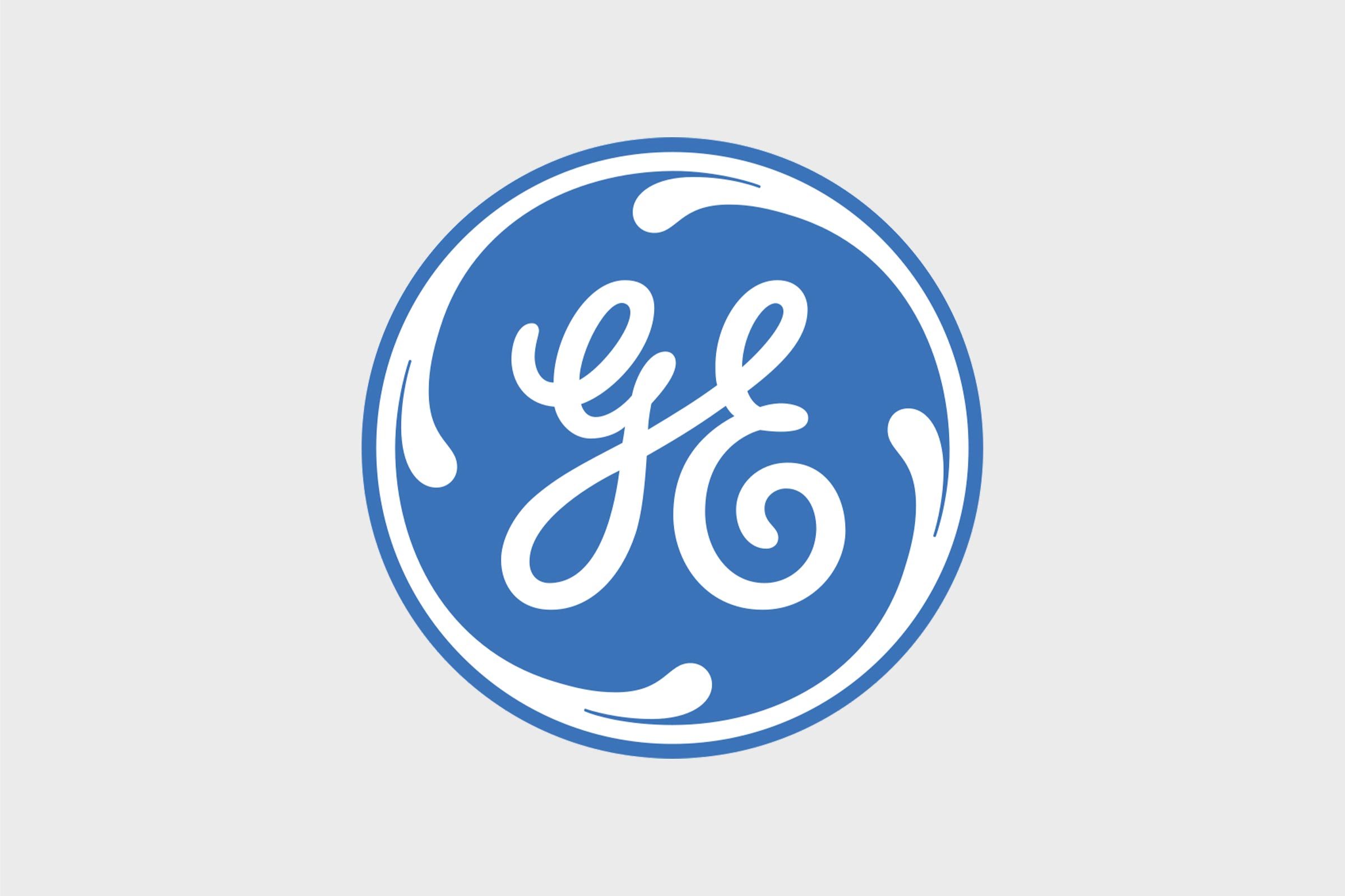 Blue circle featuring stylized white letters "GE," surrounded by swirling white lines, set against a light gray background.
