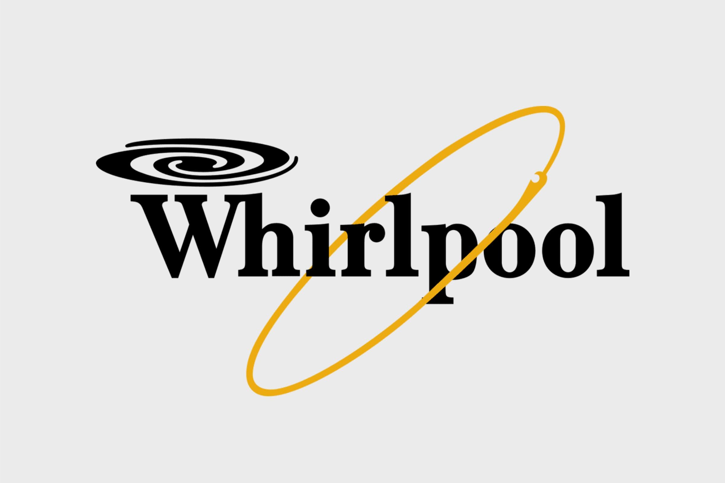 The text "Whirlpool" in bold, has a yellow swirl underlining it, accompanied by a black whirlpool icon.