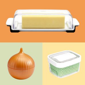 A butter dish holds butter, an orange onion-shaped container rests, and a green rectangular container sits, each on different colored backgrounds.