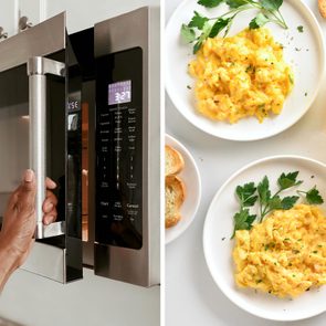 Hand opens microwave; scrambled eggs are on plates with parsley beside toast and orange juice.