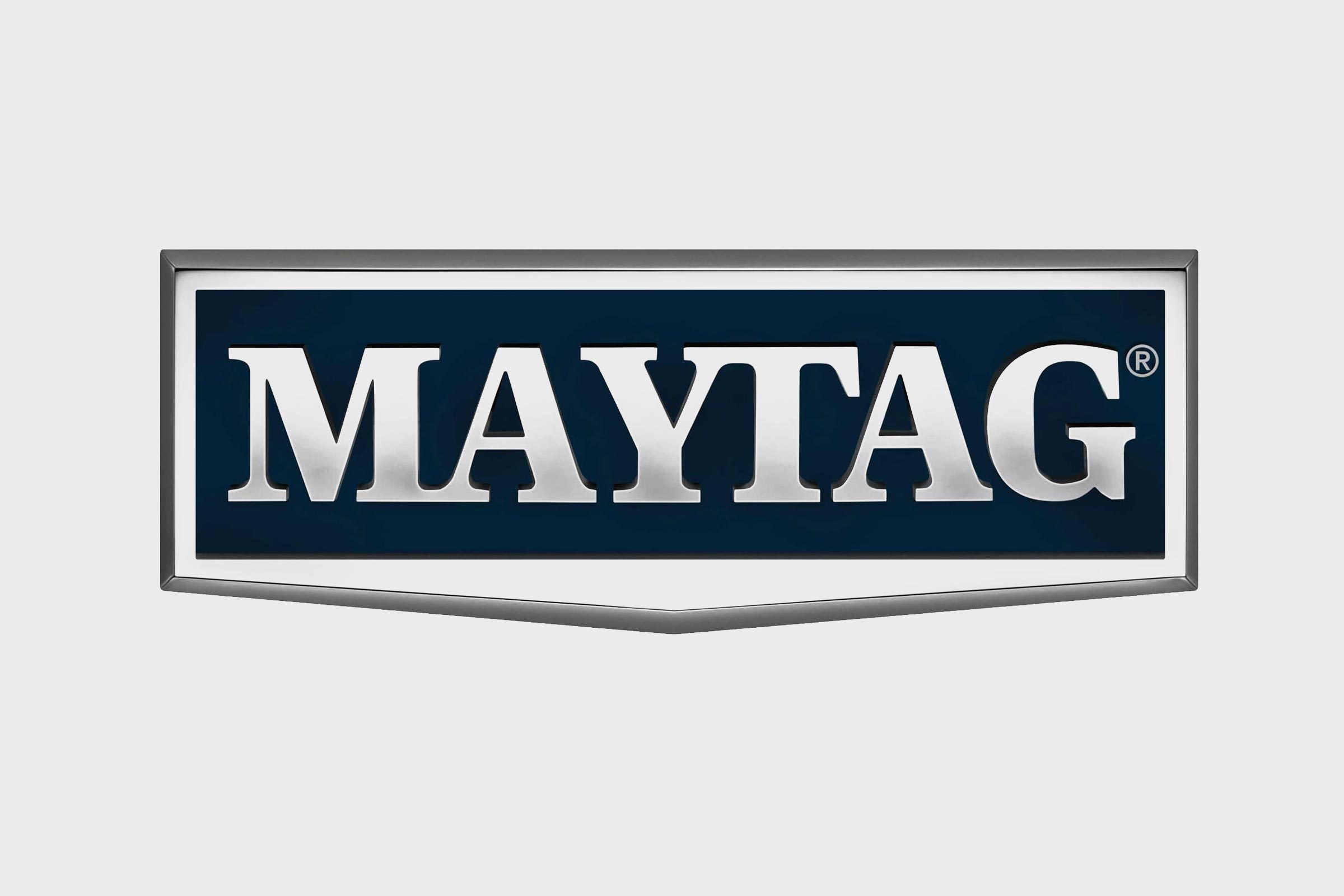 Silver "MAYTAG" logo appears centered inside a dark blue rectangle, bordered by a metallic frame on a light gray background.