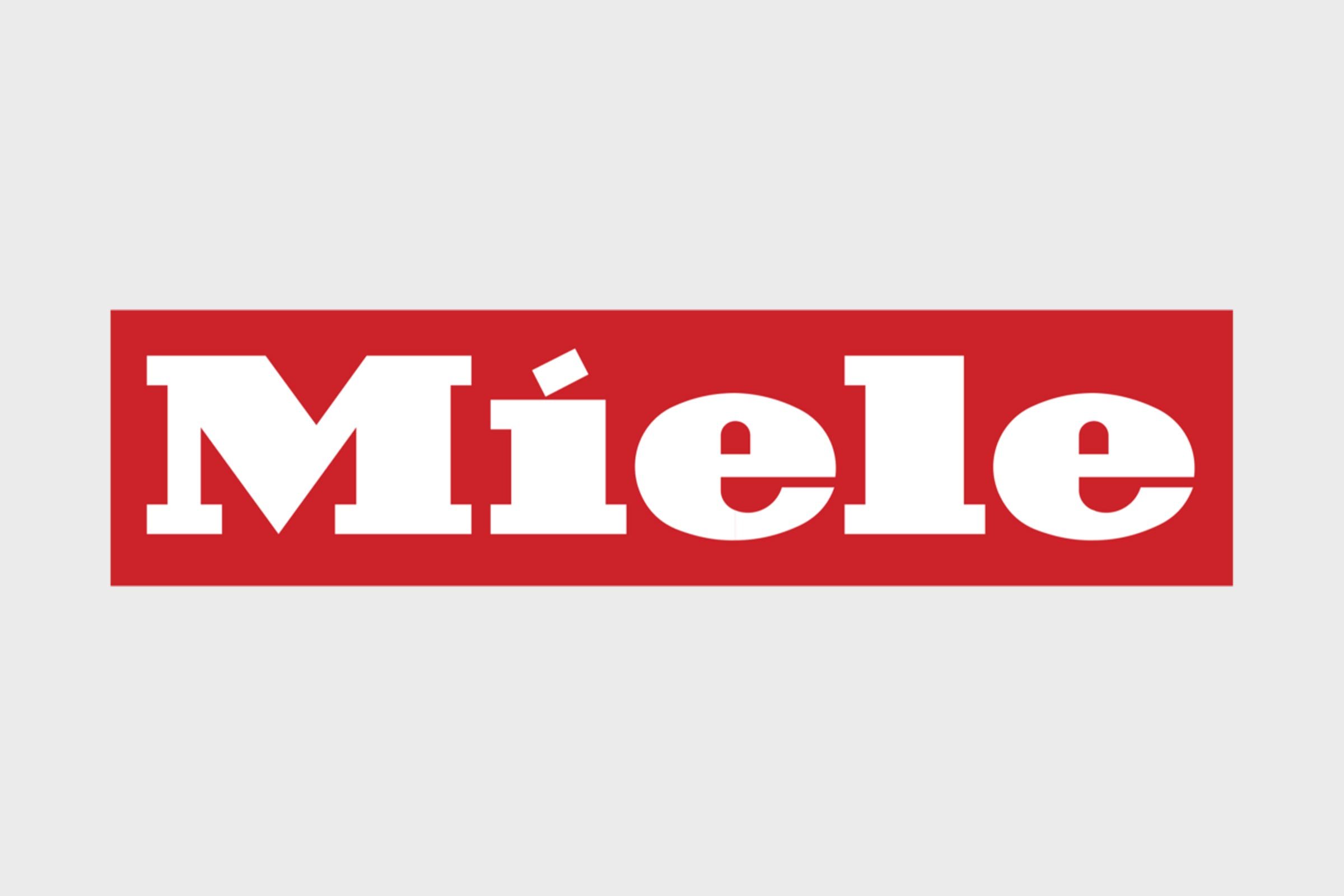 Logo displays bold white text "MÃ­ele" on a red rectangular background, centered against a light grey backdrop.