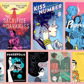 A set of nine vibrant graphic novel covers arranged in a grid, showcasing diverse artwork styles and colorful illustrations with various characters and themes.