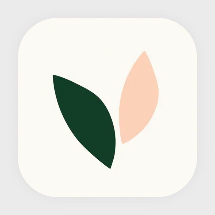 Two leaves, one dark green and one light peach, intersect against a white background within a rounded square frame.