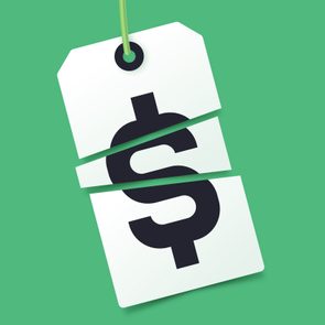 A price tag is split into three parts displaying a dollar symbol, set against a green background.