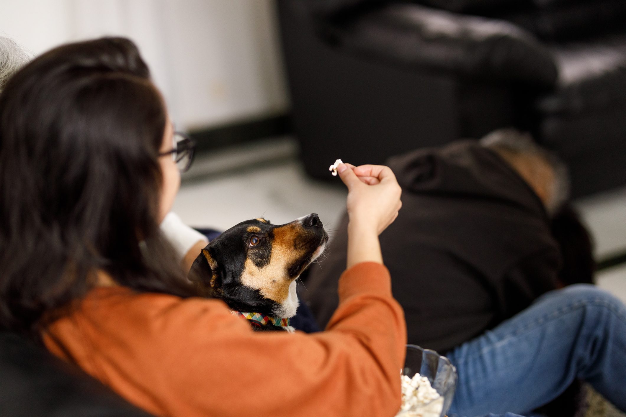 Young woman giving her dog a popcorn kernel