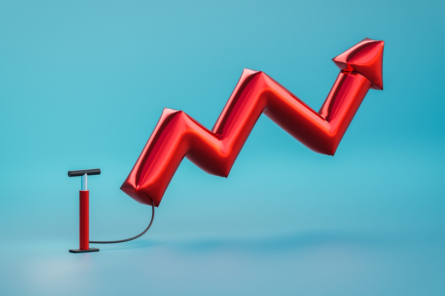 computer generated image of a zig zag red arrow on a blue background.