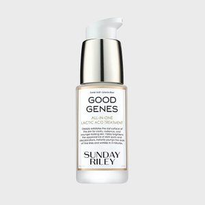 A white bottle with a pump dispenses skincare treatment. Label reads: 