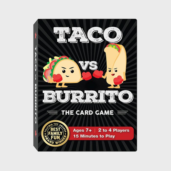 The card game box displays a taco and burrito with boxing gloves, set against a starburst background. Text details game information and award.