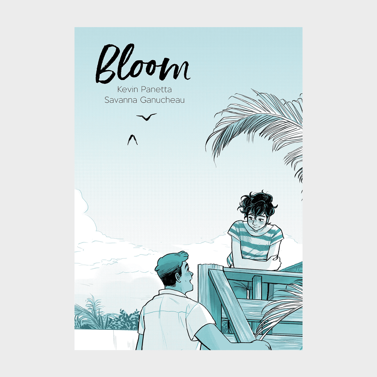 Two people converse near a railing with palm leaves and sky, under the title "Bloom" by Kevin Panetta and Savanna Ganucheau.