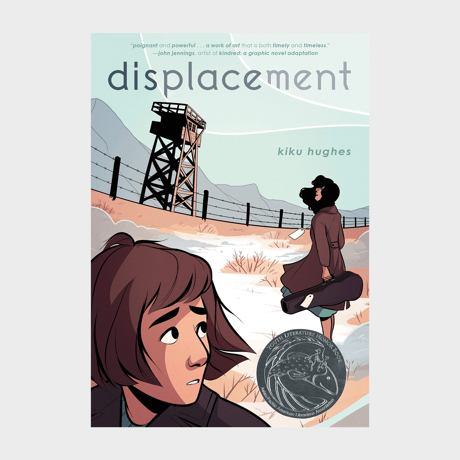 Person glances back, walking near barbed wire fence and guard tower in desolate landscape. Text: â€œdisplacement,â€ â€œkiku hughes,â€ with review quote above.