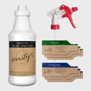 Bottle with spray nozzle and sachets sit on a plain background; labeled 