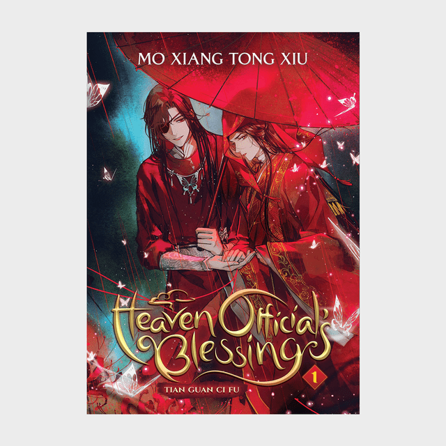 Two figures in red robes share an umbrella, surrounded by glowing butterflies in a fantasy-themed cover. Text: 