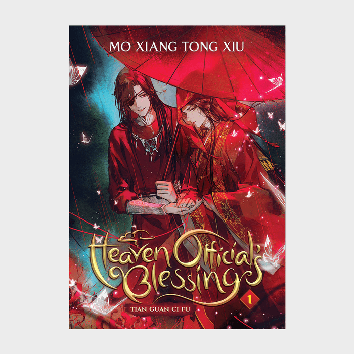 Two figures in red robes share an umbrella, surrounded by glowing butterflies in a fantasy-themed cover. Text: 