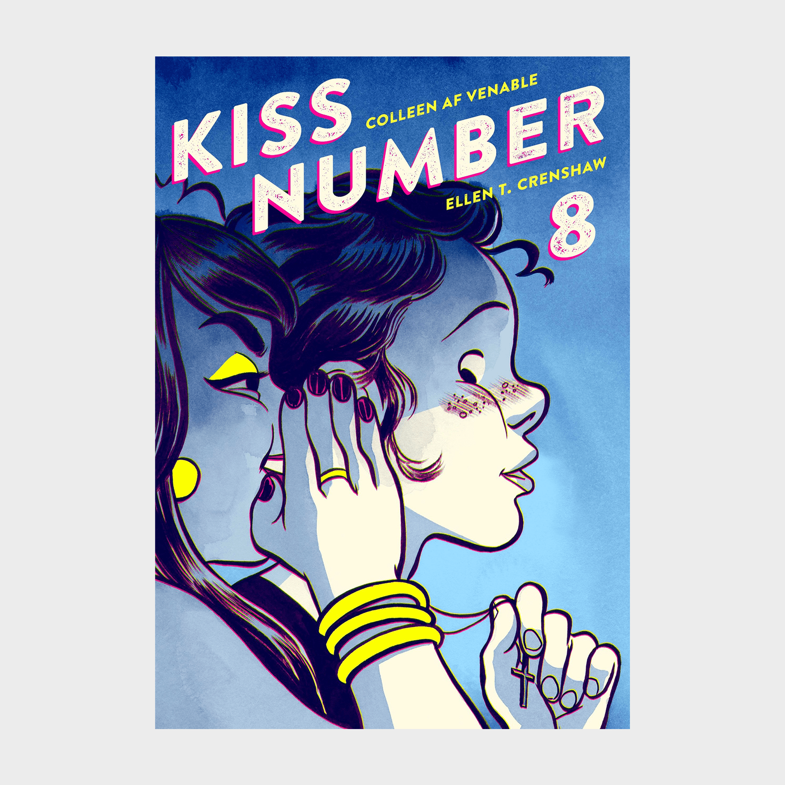 Two people lean close, one whispers secretly. Background shows a blue gradient. Bright yellow text reads "Kiss Number 8" with authors' names.