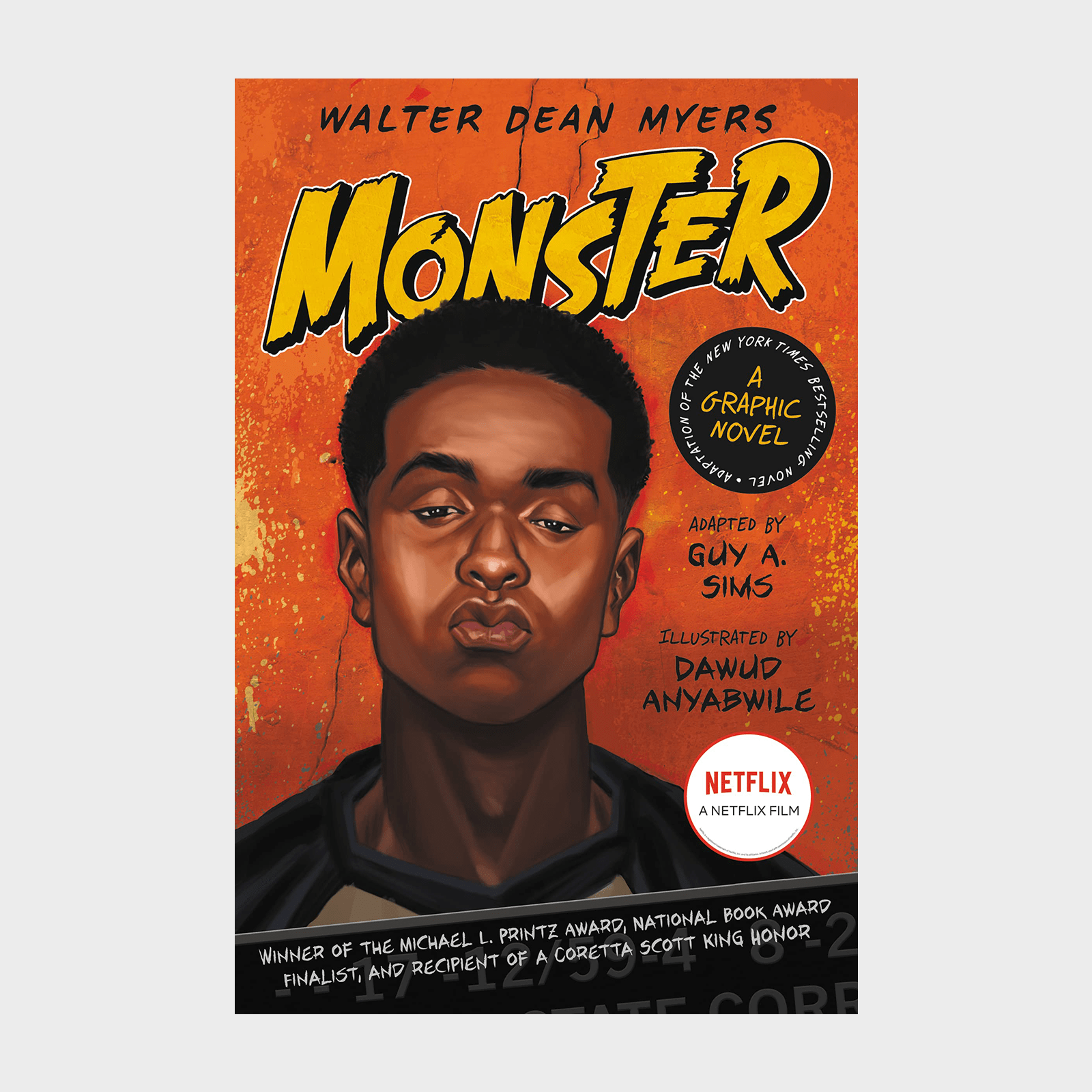 A serious young man stands against a vibrant orange background on a graphic novel cover titled "Monster" by Walter Dean Myers.