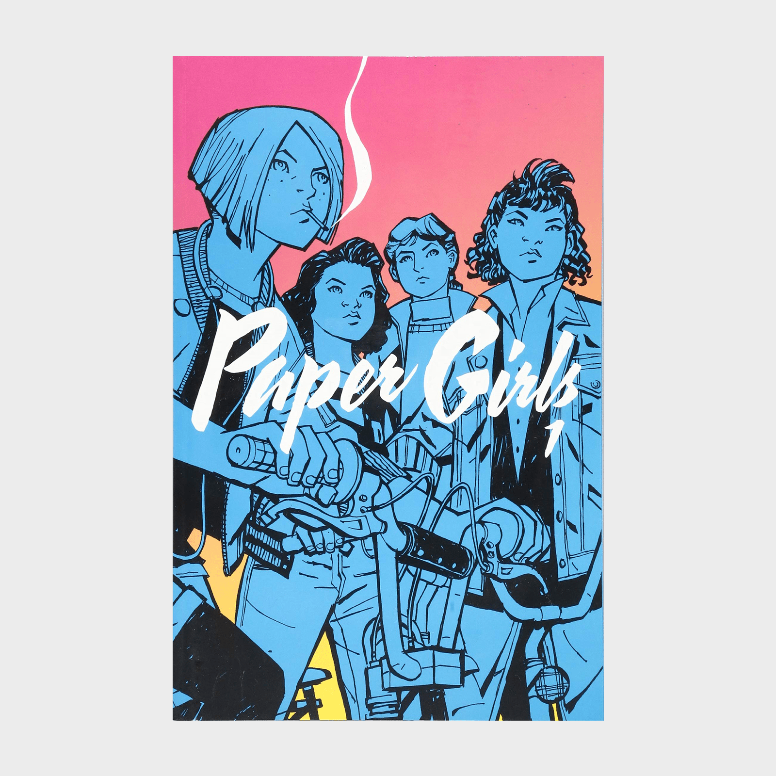 Four girls, holding bikes, stand determinedly against a vibrant pink and yellow sky. Large white text reads "Paper Girls."