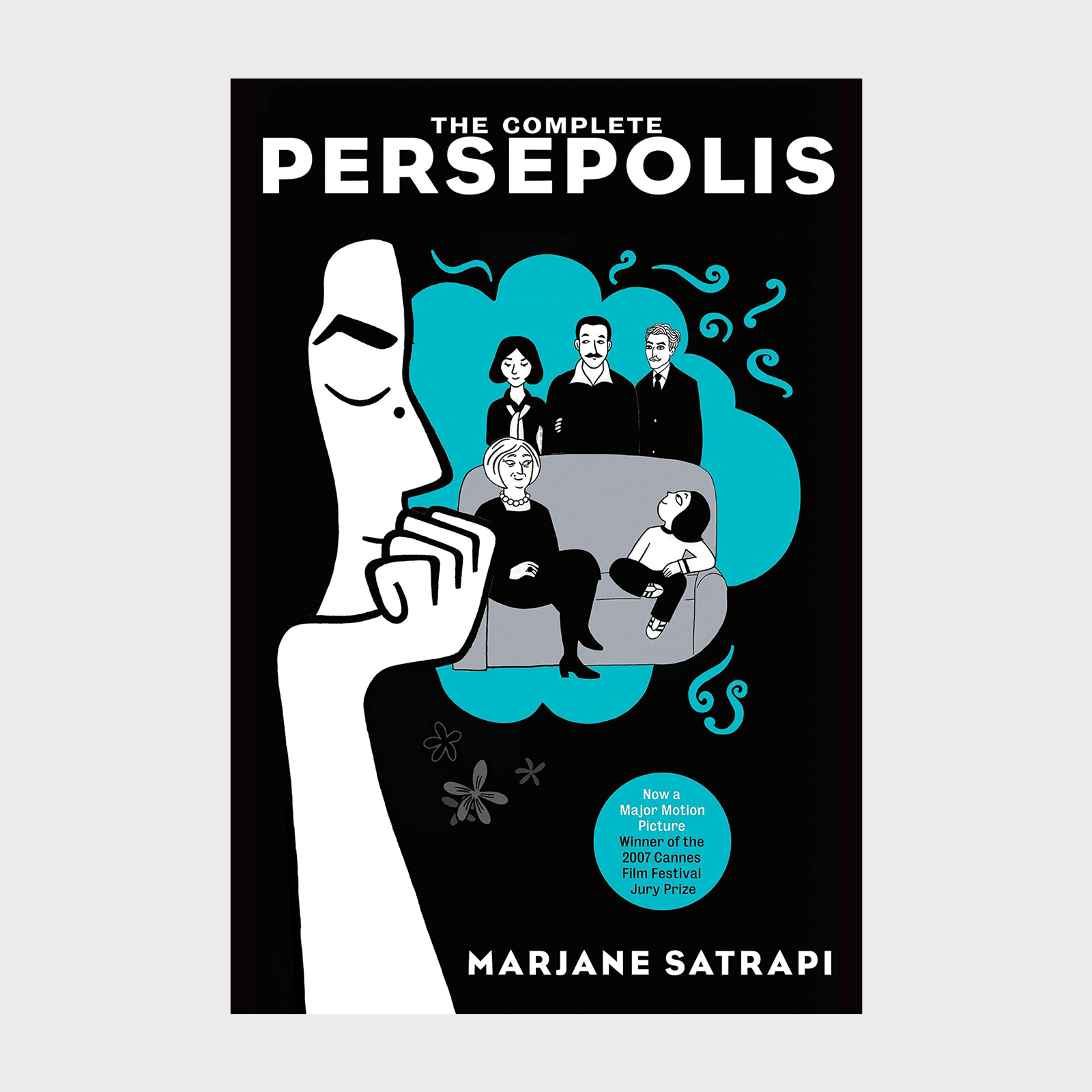 Book cover features a pensive figure watching seated family; text reads "The Complete Persepolis" by Marjane Satrapi; includes film festival accolades.