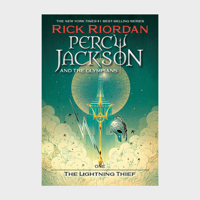 Tower pierces stormy clouds beneath a glowing moon, surrounded by birds and an ancient helmet. 