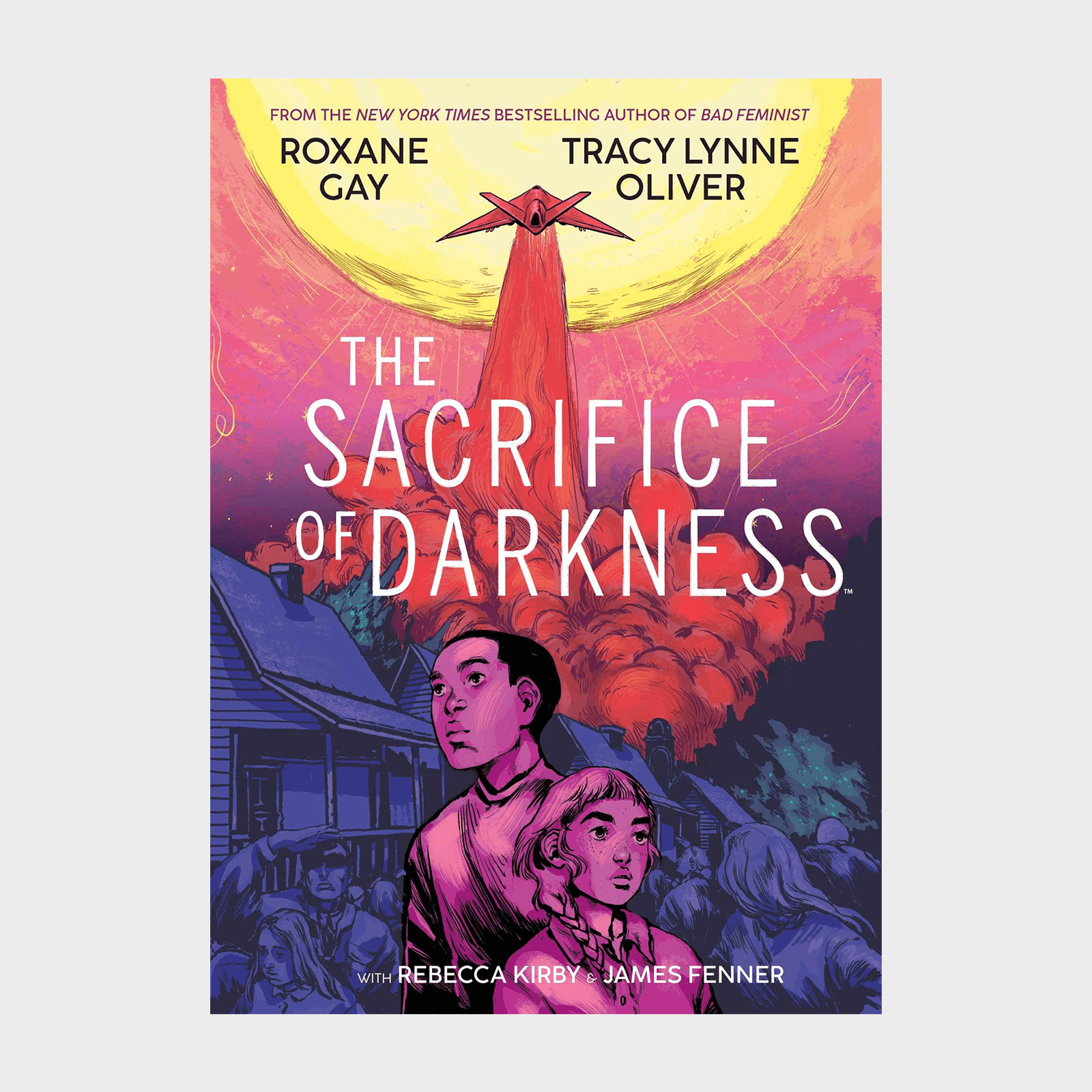 Two concerned individuals stand outside a house under a dramatic sky with a bright rising shape. Text: "The Sacrifice of Darkness."