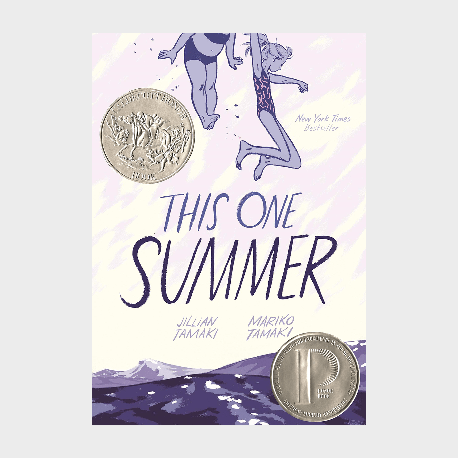 Two people jump joyfully; background features stylized waves. Text reads: "This One Summer" by Jillian Tamaki and Mariko Tamaki, with award seals.