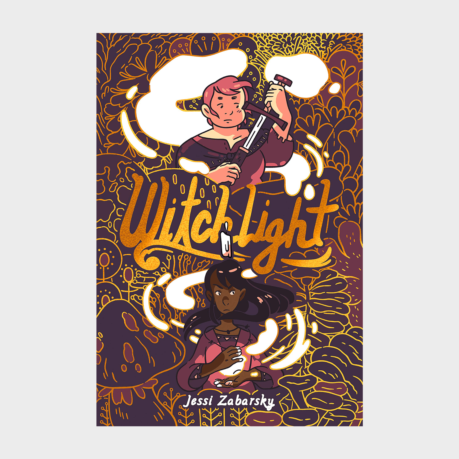 Two figures wield magic amidst swirling smoke; colorful abstract patterns fill the background. Text: "Witchlight," "Jessi Zabarsky."