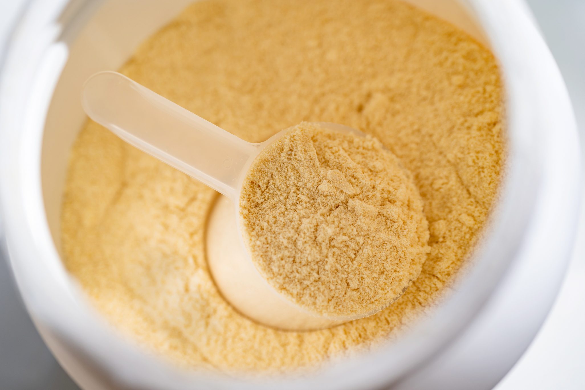 Cup of protein powder in container