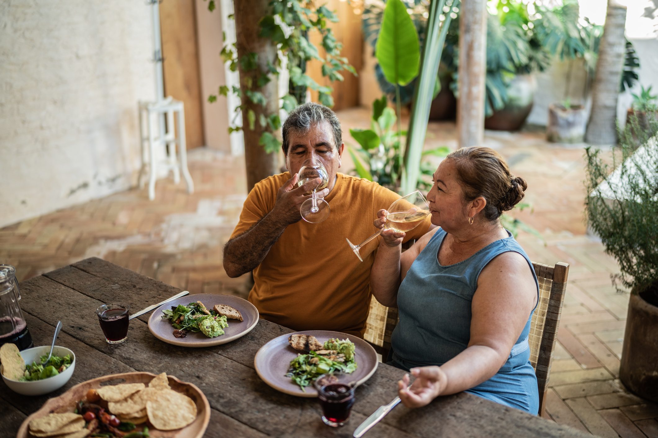Mature couple drinking white wine and having lunch in the dining room at home