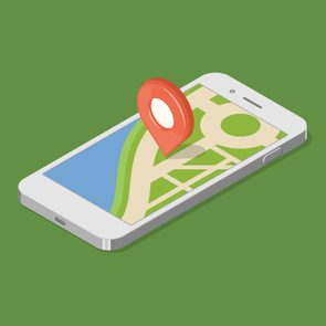 A smartphone displays a map with a prominent location pin, set against a solid green background.