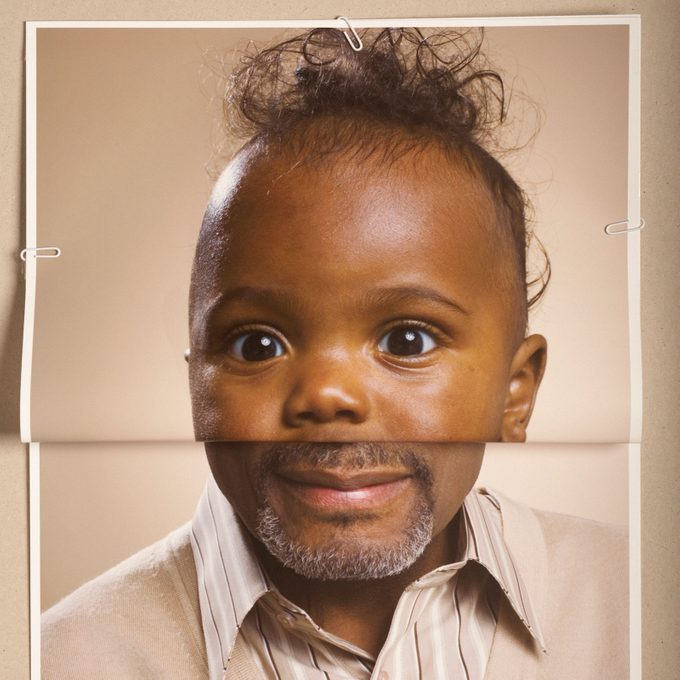 Montage Picture Of Senior Man And Baby Boy wearing a sweater and button up shirt