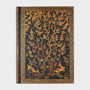 Ornate book cover features a tree with birds and deer, surrounded by floral motifs, set on a dark background with intricate golden details.