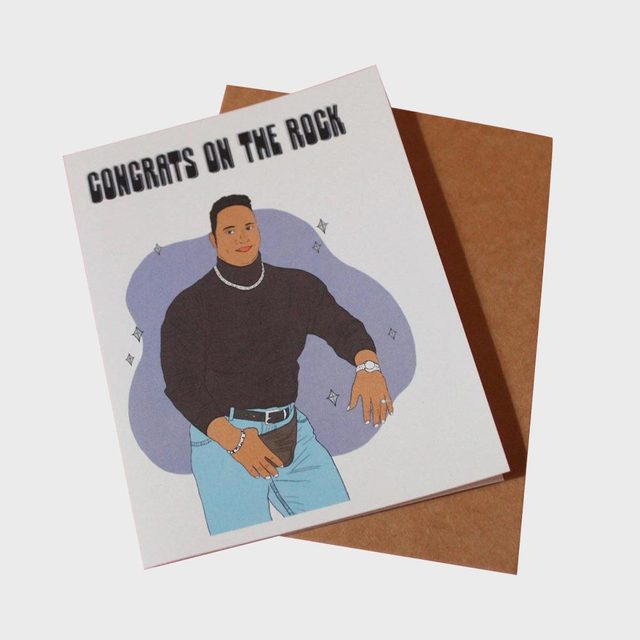 Card features a person posing with jewelry; text reads 