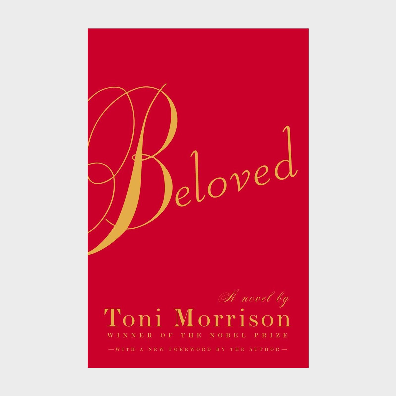 Book cover features "Beloved" by Toni Morrison in gold cursive on a red background. Includes "WINNER OF THE NOBEL PRIZE" and additional foreword note.