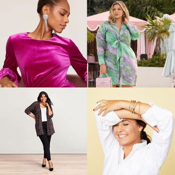 Women model vibrant outfits, each displaying unique styles: a magenta dress, a green tie-dye dress, a leopard print cardigan, and a white shirt.