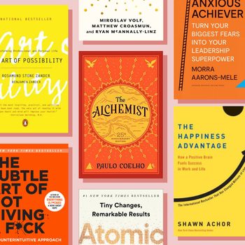 A collage of book covers including "The Alchemist," "Atomic Habits," "The Subtle Art of Not Giving a F*ck," and others on a pink background.