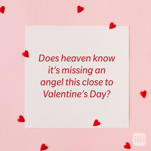 Card displays romantic text, surrounded by small red hearts, on a light pink background. Text reads, 