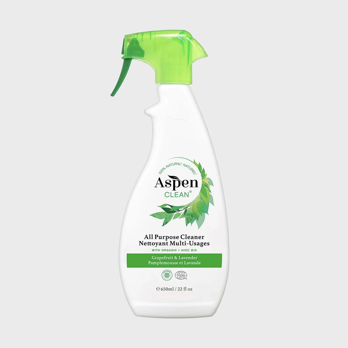 Spray bottle displaying "Aspen Clean" label, featuring green accents, rests against plain background. Text includes "All Purpose Cleaner" and "Grapefruit & Lavender."