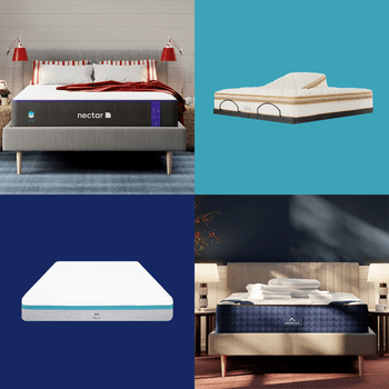 Four mattresses arranged in a grid; two are on beds with bedside lamps, one is on a colored background, and one is isolated.