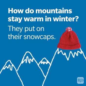 Text reads: "How do mountains stay warm in winter? They put on their snowcaps." Red hat placed on drawn mountains, blue background.