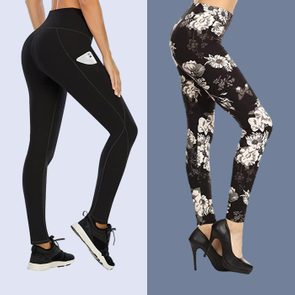 Leggings displayed; one solid black with a pocket, the other floral-patterned; models stand on a light background wearing sneakers and high heels.