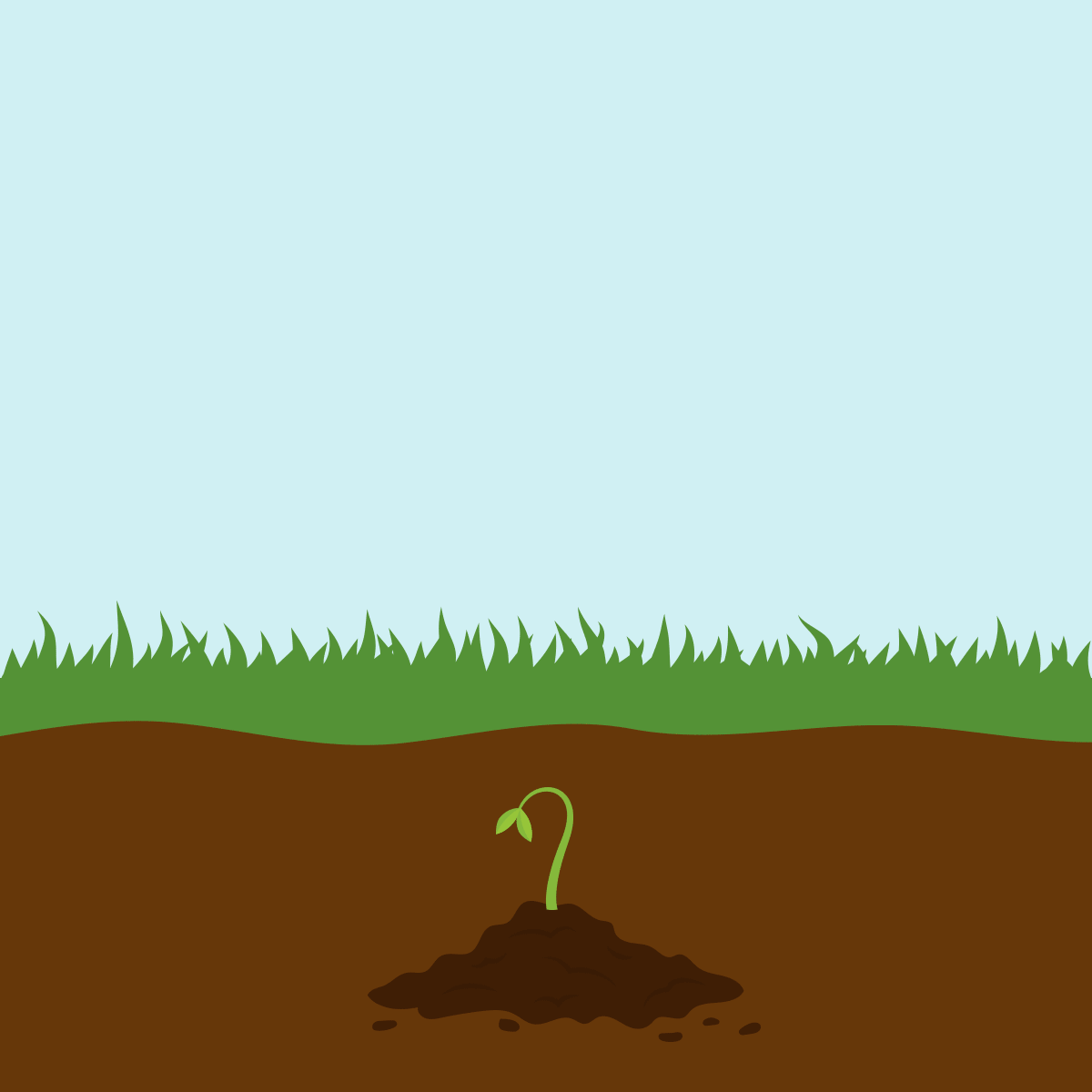 A small green sprout emerges from soil, beneath blue sky and surrounded by green grass.