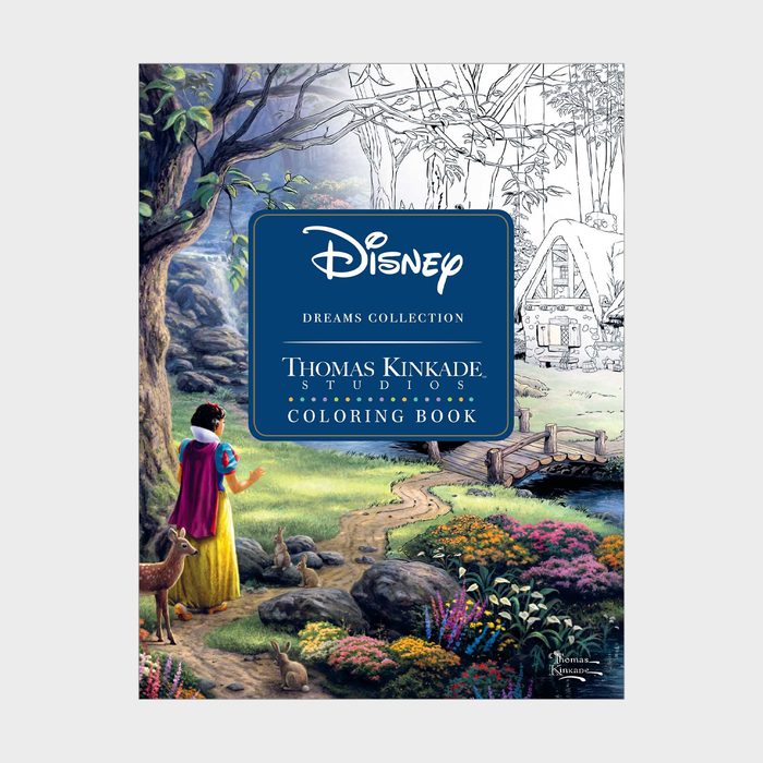 Snow White walks with animals in a vibrant forest beside a partially colored cottage. Text reads: 