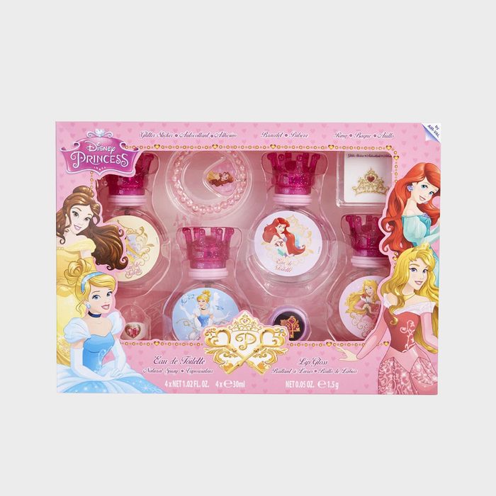 Perfume bottles adorned with Disney princesses in pink packaging; Disney Princess logo and illustrations feature Cinderella, Ariel, Belle, Aurora, and detailed product text.