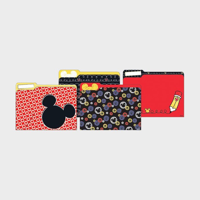 Four colorful folders feature cartoon mouse motifs and patterns, each with unique designs and vibrant backgrounds, arranged in a decorative manner.