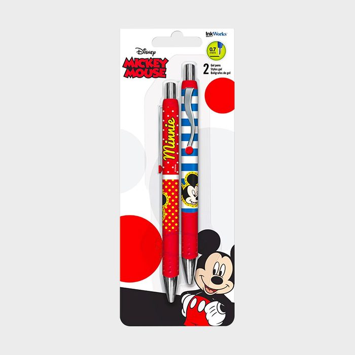 Two colorful pens packaged, featuring Mickey and Minnie Mouse designs, resting in a branded blister pack with red and black polka dot accents.
